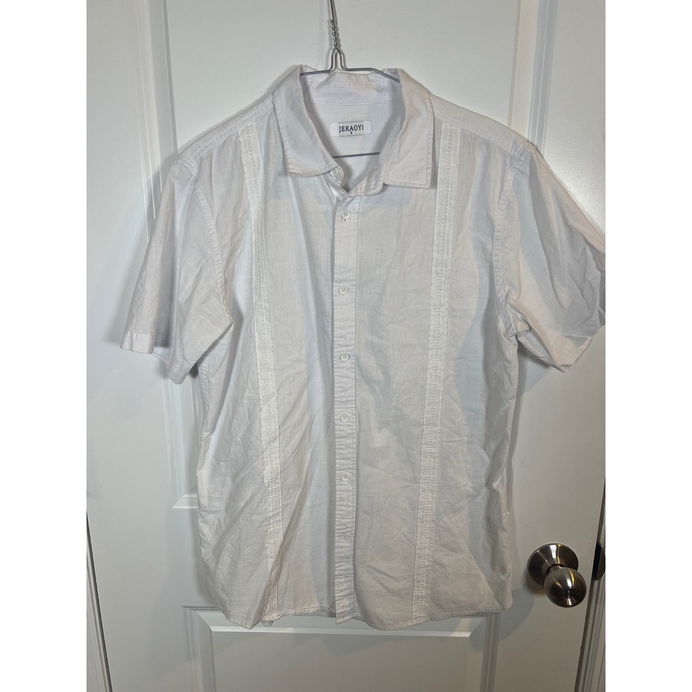 Jekaoyi Mens Button Down Shirt Cotton‎ Linen Embroidered White Size Small